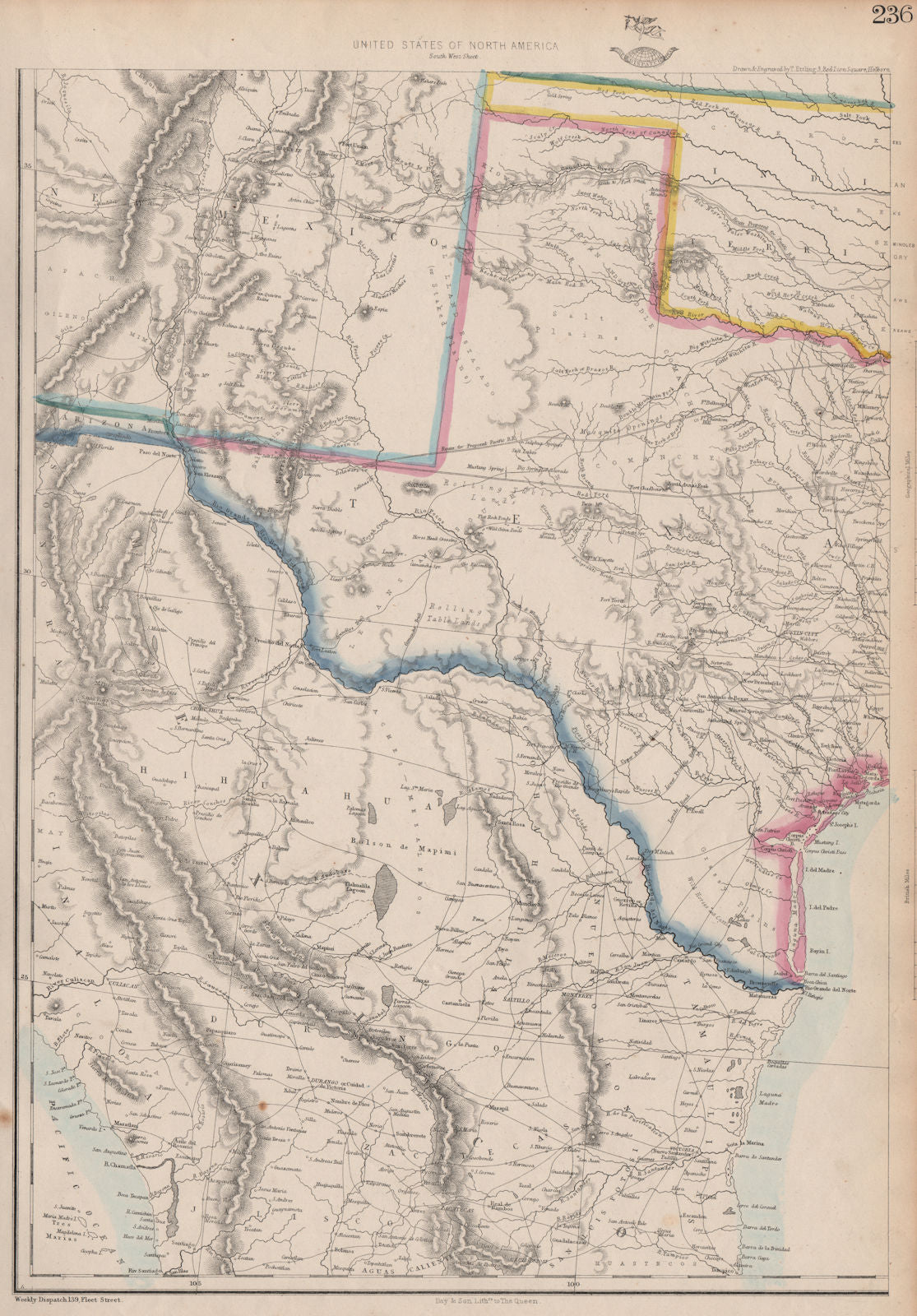 USA SOUTH. Texas New Mexico. Gadsden purchase shown as Arizona.ETTLING 1862 map